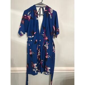 SHEIN Blue Floral Tie Back Mini Dress Deep V Size Large